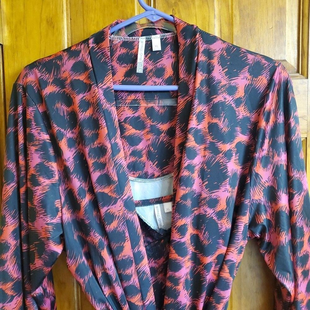 Body Touch XL Robe Nightgown Set Womens Pink Orange Leopard Animal Print Lace